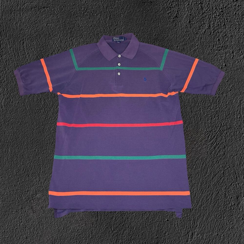 Vintage 90s Polo Ralph Lauren Striped Green/red/orange with blue logo polo